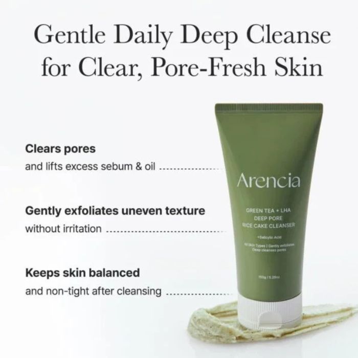 Arencia Green Tea + LHA Deep Pore Rice Cake Cleanser – Καθαριστικό προσώπου βαθύ καθαρισμού με πράσινο τσάι & LHA, 150ml